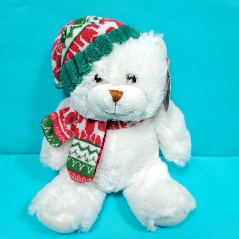 Christmas Teddy Bear Stuffed Plush White Red Green Reindeer Scarf 8"